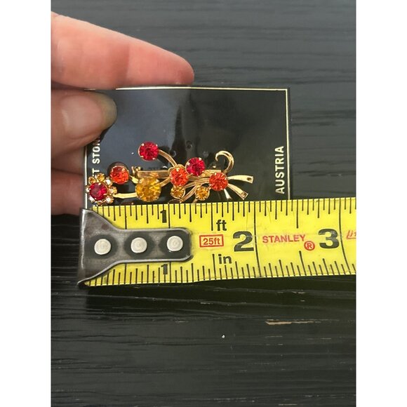 VTG Austria Floral Spray Brooch Red/Orange Rhinestones Gold-Tone Metal Unsigned - Picture 5 of 5